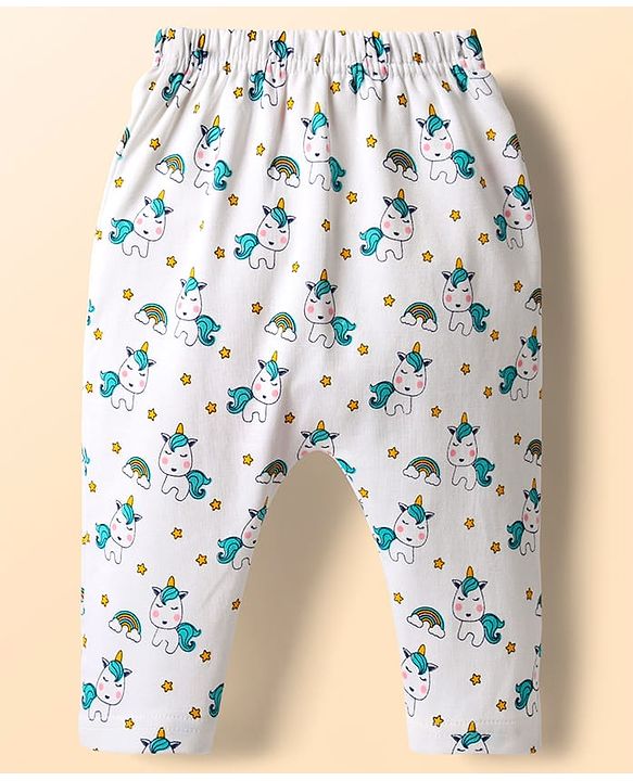 Babyhug Cotton Knit Full Length Diaper Leggings With Stripes & Unicorn Print Pack Of 3 - Light Blue & White