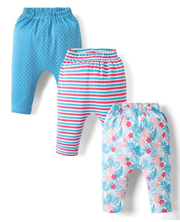 Babyhug Cotton Knit Full Length Leggings With Stripes & Floral Print Pack Of 3 - Light Blue & Dark Pink