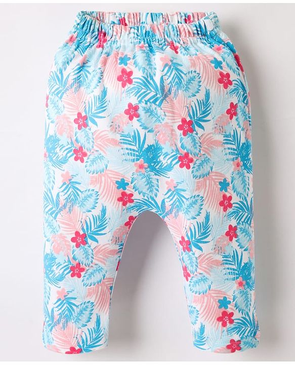 Babyhug Cotton Knit Full Length Leggings With Stripes & Floral Print Pack Of 3 - Light Blue & Dark Pink
