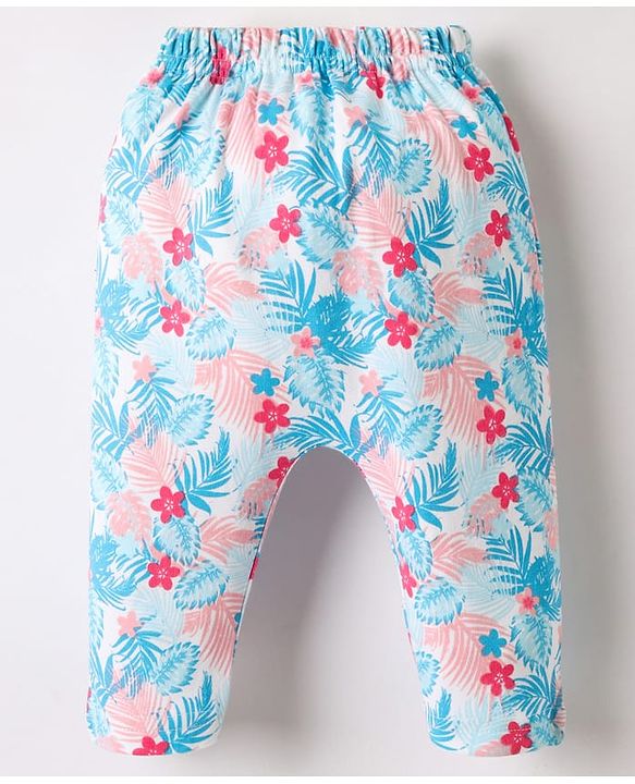 Babyhug Cotton Knit Full Length Leggings With Stripes & Floral Print Pack Of 3 - Light Blue & Dark Pink