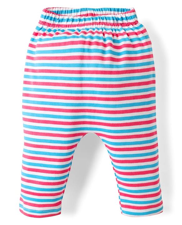 Babyhug Cotton Knit Full Length Leggings With Stripes & Floral Print Pack Of 3 - Light Blue & Dark Pink