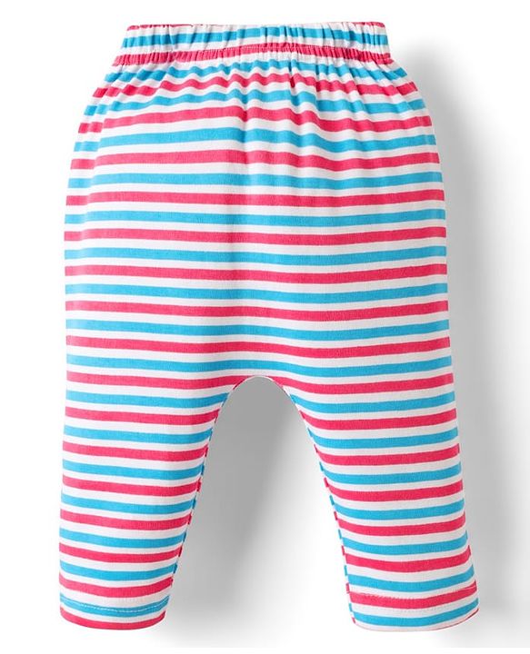 Babyhug Cotton Knit Full Length Leggings With Stripes & Floral Print Pack Of 3 - Light Blue & Dark Pink