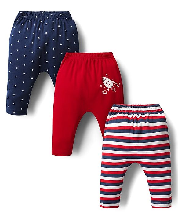 Babyhug Cotton Interlock Knit Full Length Diaper Leggings with Space Theme Print & Stripe Design Pack of 3 - Red & Blue