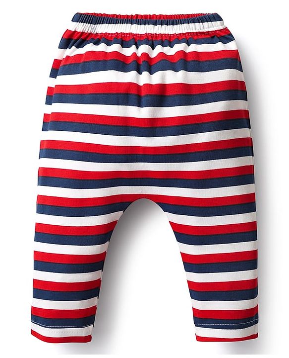 Babyhug Cotton Interlock Knit Full Length Diaper Leggings with Space Theme Print & Stripe Design Pack of 3 - Red & Blue
