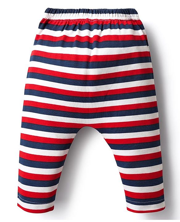 Babyhug Cotton Interlock Knit Full Length Diaper Leggings with Space Theme Print & Stripe Design Pack of 3 - Red & Blue