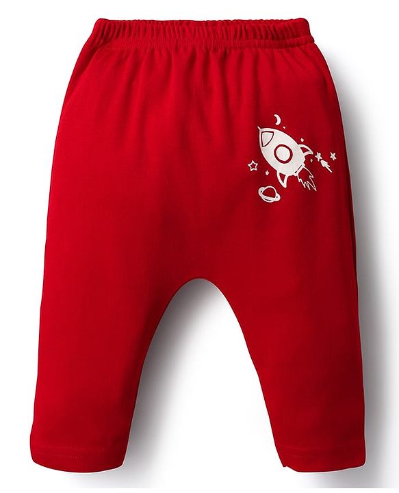 Babyhug Cotton Interlock Knit Full Length Diaper Leggings with Space Theme Print & Stripe Design Pack of 3 - Red & Blue