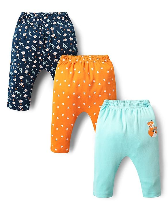 Babyhug Cotton Interlock Knit Full Length Diaper Leggings with Heart Floral & Fox Print Pack of 3 - Navy Blue Light Blue & Yellow
