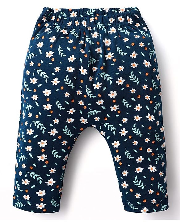 Babyhug Cotton Interlock Knit Full Length Diaper Leggings with Heart Floral & Fox Print Pack of 3 - Navy Blue Light Blue & Yellow