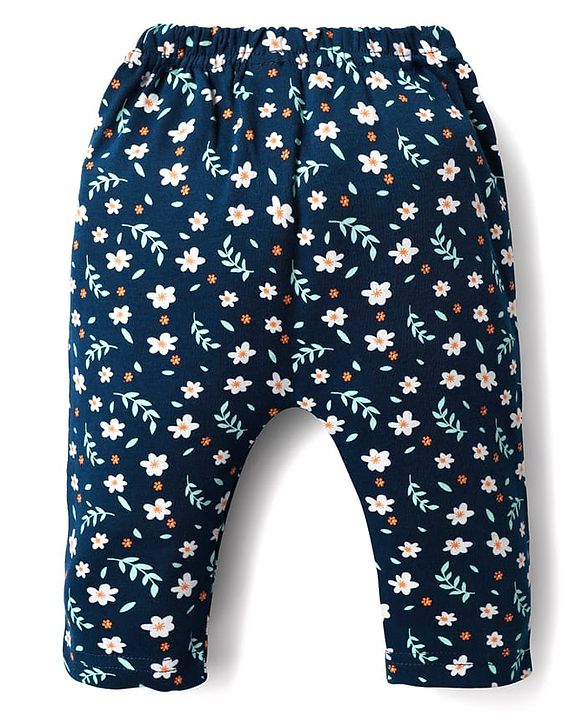 Babyhug Cotton Interlock Knit Full Length Diaper Leggings with Heart Floral & Fox Print Pack of 3 - Navy Blue Light Blue & Yellow
