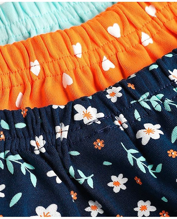 Babyhug Cotton Interlock Knit Full Length Diaper Leggings with Heart Floral & Fox Print Pack of 3 - Navy Blue Light Blue & Yellow
