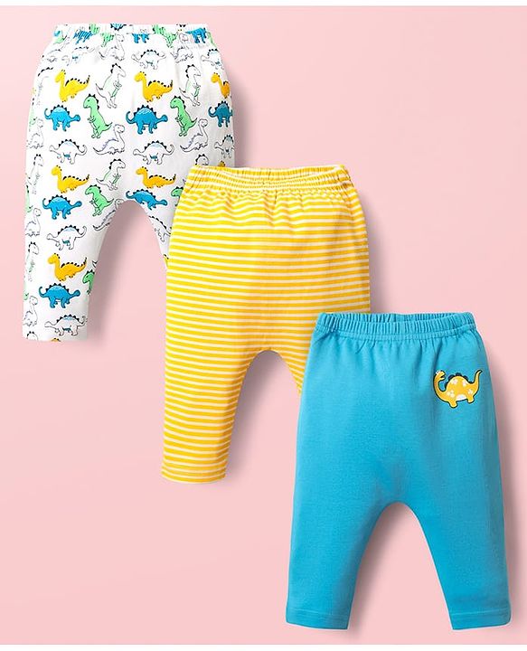 Babyhug Cotton Interlock Knit Full Length Diaper Leggings with Stripe Design & Dino Print Pack of 3 - White Yellow & Blue