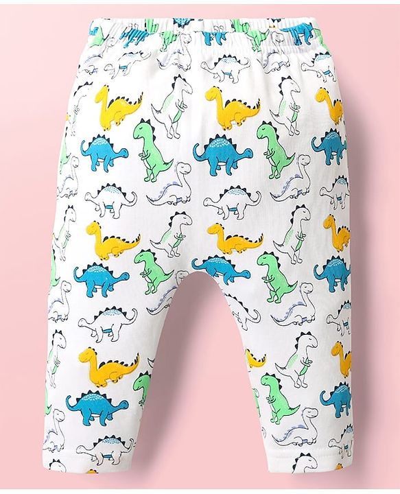 Babyhug Cotton Interlock Knit Full Length Diaper Leggings with Stripe Design & Dino Print Pack of 3 - White Yellow & Blue