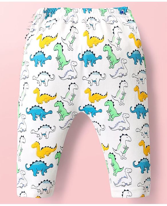 Babyhug Cotton Interlock Knit Full Length Diaper Leggings with Stripe Design & Dino Print Pack of 3 - White Yellow & Blue
