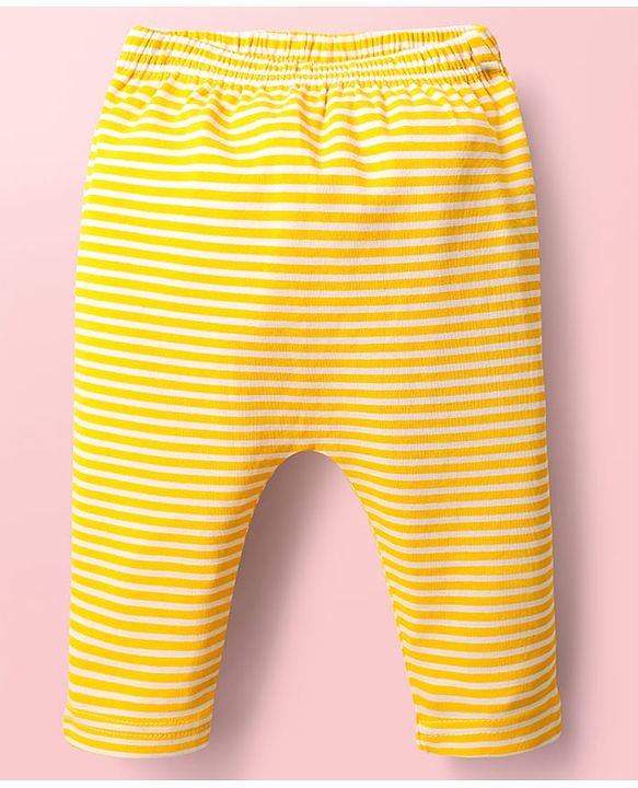 Babyhug Cotton Interlock Knit Full Length Diaper Leggings with Stripe Design & Dino Print Pack of 3 - White Yellow & Blue