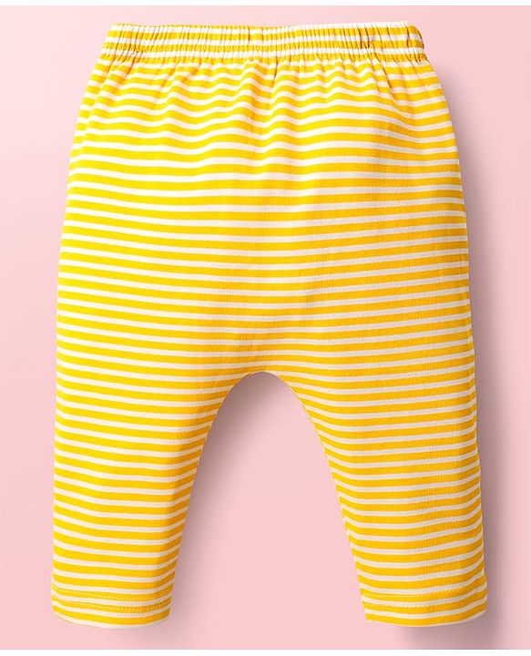 Babyhug Cotton Interlock Knit Full Length Diaper Leggings with Stripe Design & Dino Print Pack of 3 - White Yellow & Blue