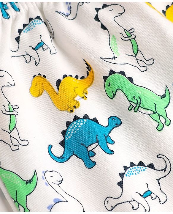 Babyhug Cotton Interlock Knit Full Length Diaper Leggings with Stripe Design & Dino Print Pack of 3 - White Yellow & Blue