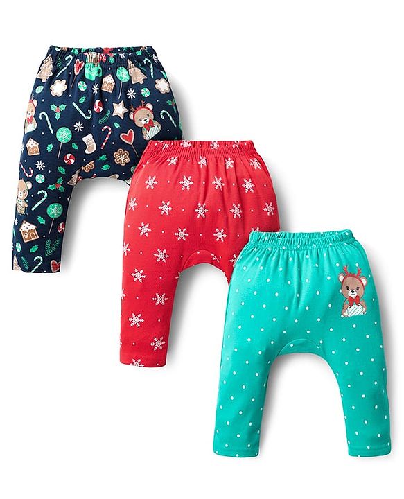Babyhug Cotton Interlock Knit Full Length Diaper Leggings with Christmas Theme Print Pack of 3 - Red Light Blue & Navy Blue