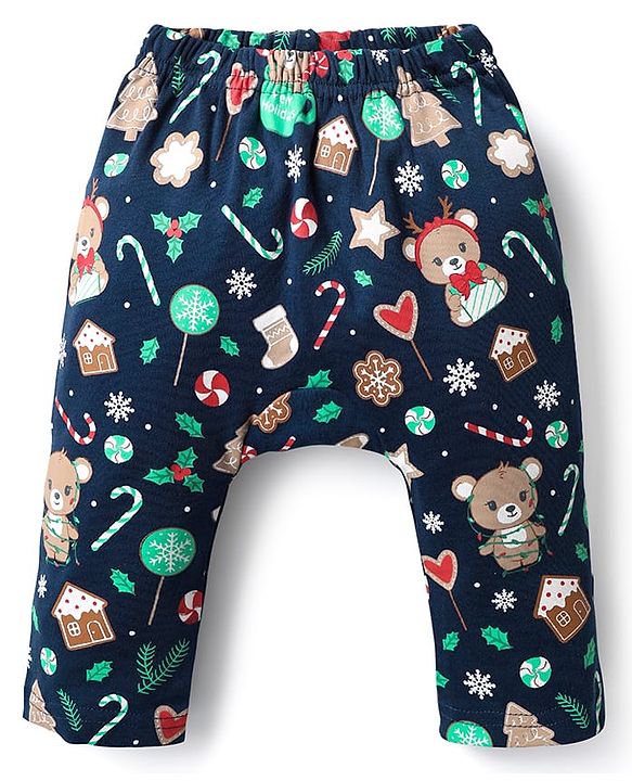 Babyhug Cotton Interlock Knit Full Length Diaper Leggings with Christmas Theme Print Pack of 3 - Red Light Blue & Navy Blue