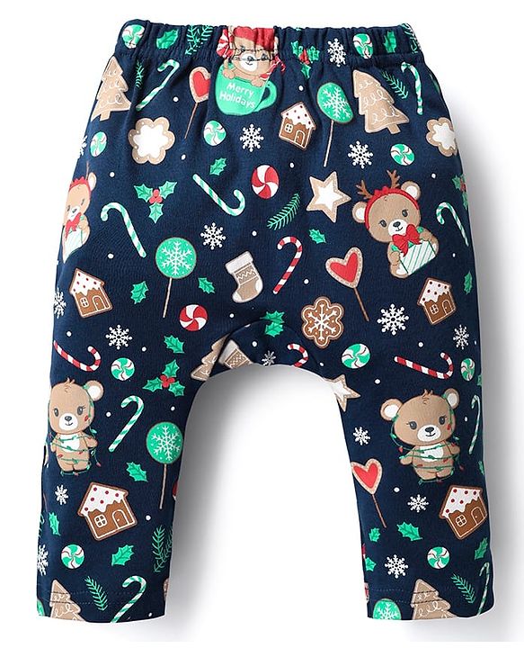 Babyhug Cotton Interlock Knit Full Length Diaper Leggings with Christmas Theme Print Pack of 3 - Red Light Blue & Navy Blue