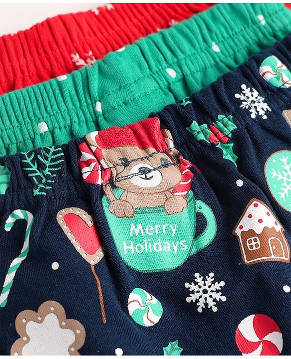 Babyhug Cotton Interlock Knit Full Length Diaper Leggings with Christmas Theme Print Pack of 3 - Red Light Blue & Navy Blue