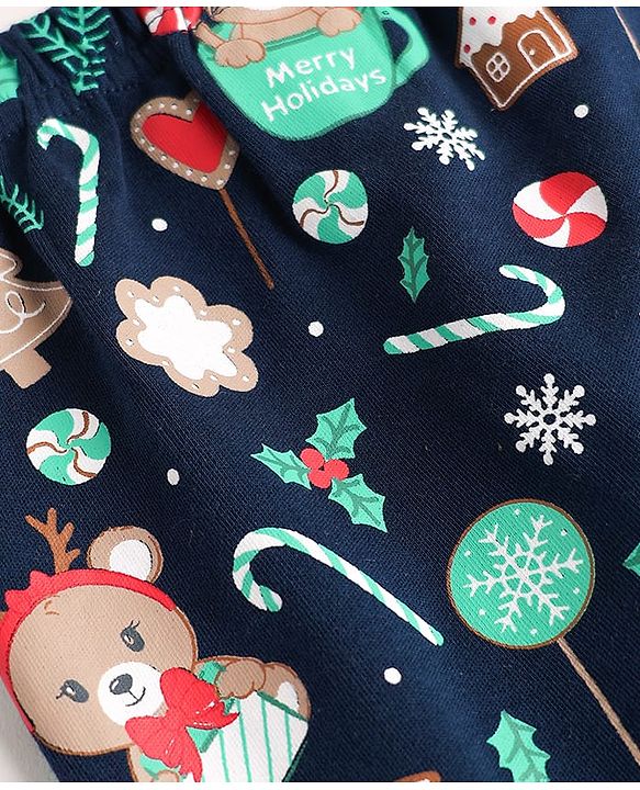 Babyhug Cotton Interlock Knit Full Length Diaper Leggings with Christmas Theme Print Pack of 3 - Red Light Blue & Navy Blue