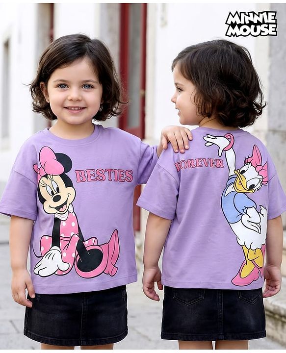 Babyhug Disney Single Jersey Knit Oversize Drop Shoulder Half Sleeve T-Shirt with Front and Back Minnie and Daisy Graphics - Lavender