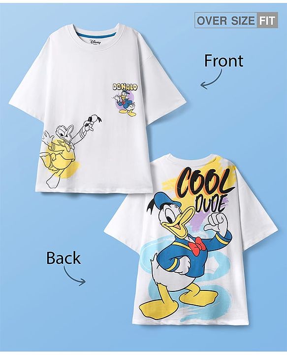 Pine Kids Disney Single Jersey Knit  Oversized Drop Shoulder Half Sleeve T-Shirt with Front and Back Donald Duck Graphics - White