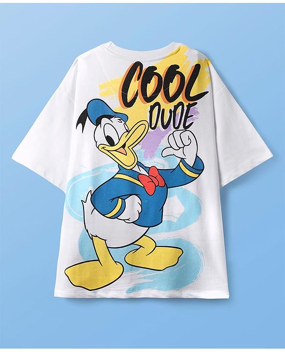 Pine Kids Disney Single Jersey Knit  Oversized Drop Shoulder Half Sleeve T-Shirt with Front and Back Donald Duck Graphics - White