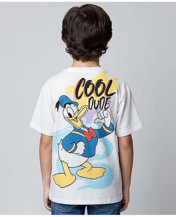 Pine Kids Disney Single Jersey Knit  Oversized Drop Shoulder Half Sleeve T-Shirt with Front and Back Donald Duck Graphics - White