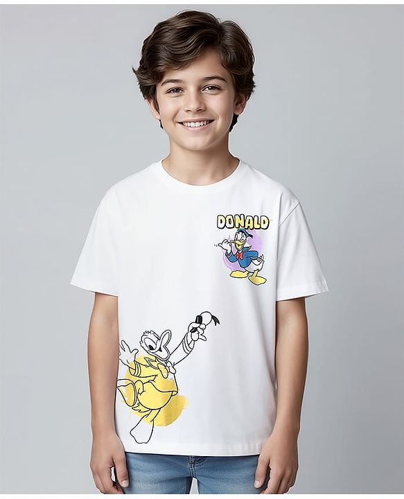 Pine Kids Disney Single Jersey Knit  Oversized Drop Shoulder Half Sleeve T-Shirt with Front and Back Donald Duck Graphics - White