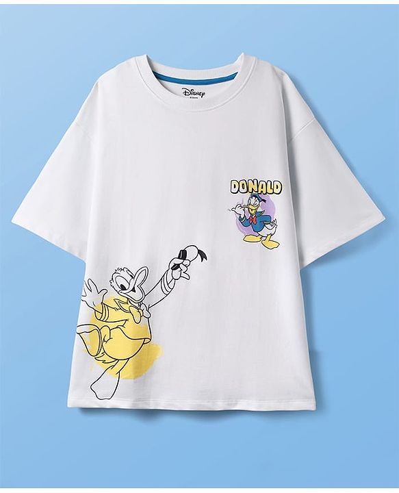 Pine Kids Disney Single Jersey Knit  Oversized Drop Shoulder Half Sleeve T-Shirt with Front and Back Donald Duck Graphics - White
