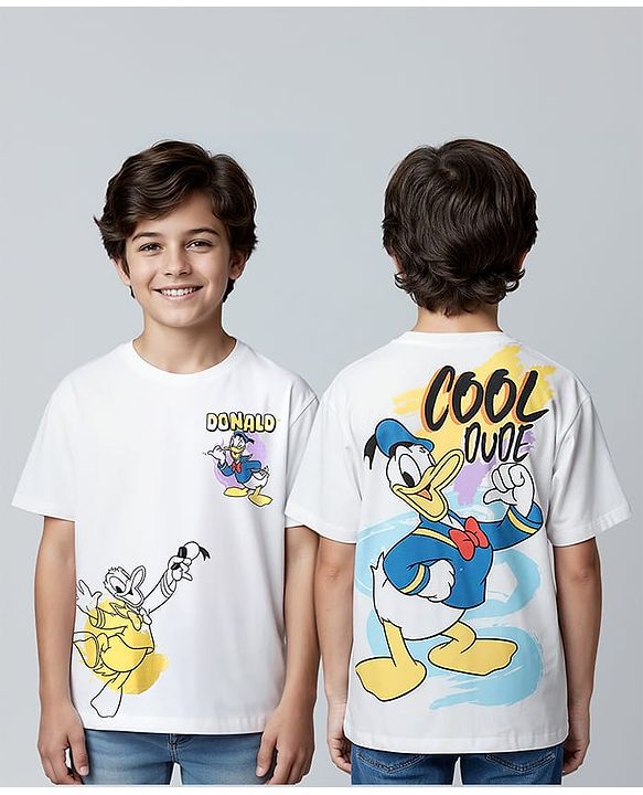 Pine Kids Disney Single Jersey Knit  Oversized Drop Shoulder Half Sleeve T-Shirt with Front and Back Donald Duck Graphics - White