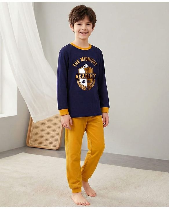 Pine Kids Single Jersey Knit Full Sleeves Night Suit With Text Print - Navy Blue & Mustard