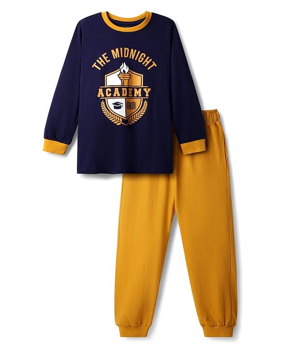 Pine Kids Single Jersey Knit Full Sleeves Night Suit With Text Print - Navy Blue & Mustard