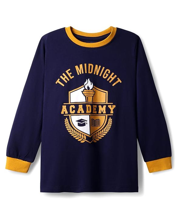 Pine Kids Single Jersey Knit Full Sleeves Night Suit With Text Print - Navy Blue & Mustard
