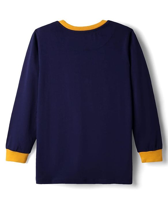 Pine Kids Single Jersey Knit Full Sleeves Night Suit With Text Print - Navy Blue & Mustard