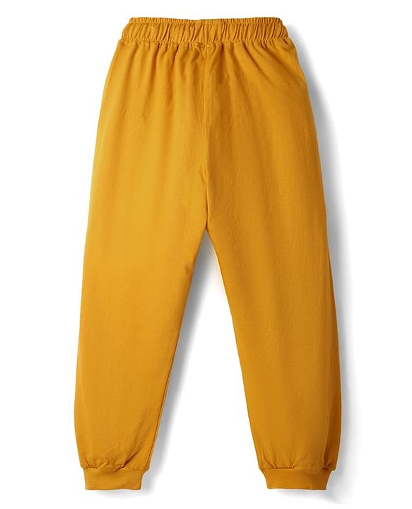 Pine Kids Single Jersey Knit Full Sleeves Night Suit With Text Print - Navy Blue & Mustard