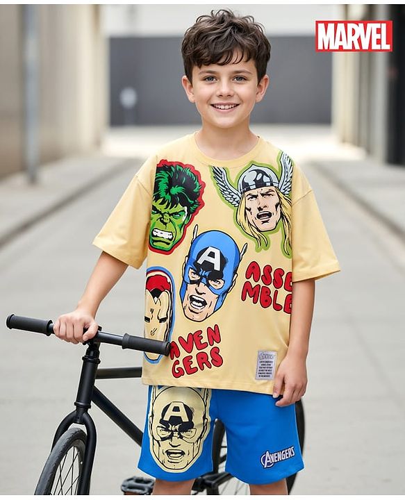 Pine Kids Marvel Single Jersey Knit Half Drop Shoulder Sleeves Oversized T-Shirt & Shorts Set With Avengers Graphics & Badge Detailing - Yellow & Blue