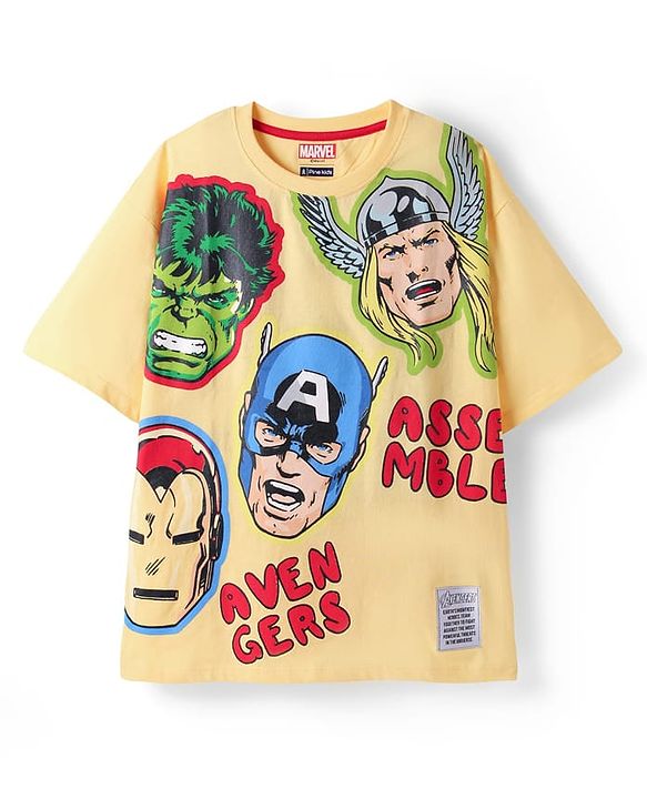 Pine Kids Marvel Single Jersey Knit Half Drop Shoulder Sleeves Oversized T-Shirt & Shorts Set With Avengers Graphics & Badge Detailing - Yellow & Blue