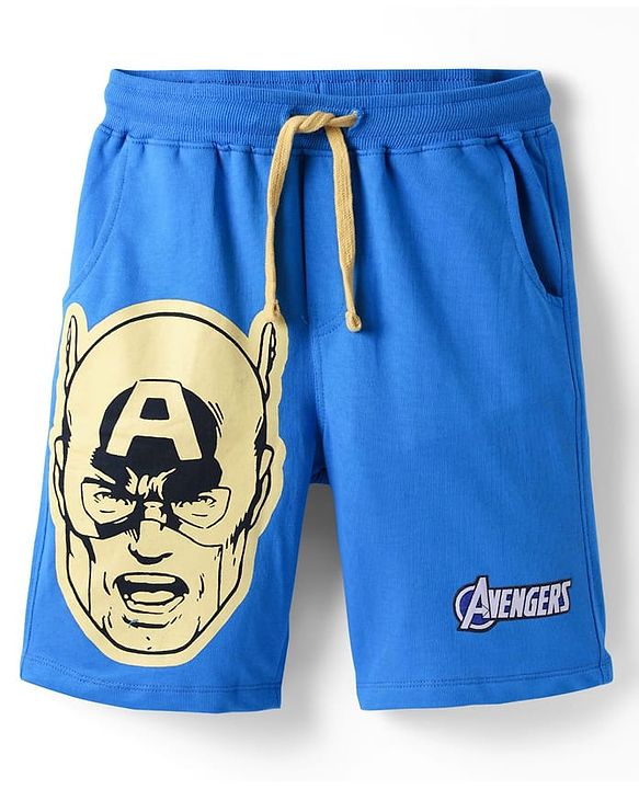 Pine Kids Marvel Single Jersey Knit Half Drop Shoulder Sleeves Oversized T-Shirt & Shorts Set With Avengers Graphics & Badge Detailing - Yellow & Blue