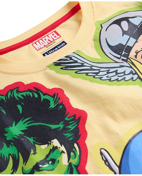 Pine Kids Marvel Single Jersey Knit Half Drop Shoulder Sleeves Oversized T-Shirt & Shorts Set With Avengers Graphics & Badge Detailing - Yellow & Blue