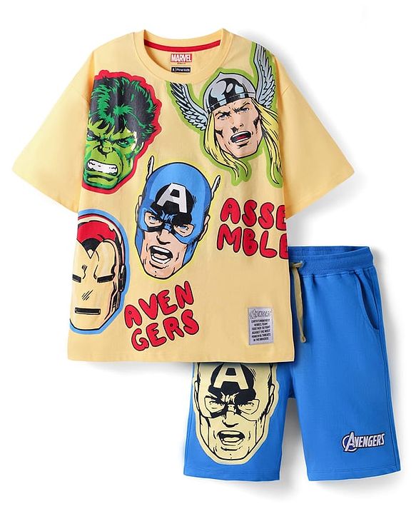 Pine Kids Marvel Single Jersey Knit Half Drop Shoulder Sleeves Oversized T-Shirt & Shorts Set With Avengers Graphics & Badge Detailing - Yellow & Blue