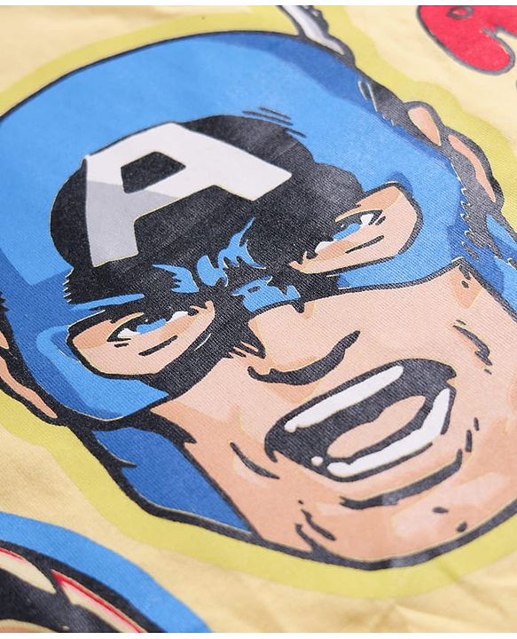 Pine Kids Marvel Single Jersey Knit Half Drop Shoulder Sleeves Oversized T-Shirt & Shorts Set With Avengers Graphics & Badge Detailing - Yellow & Blue