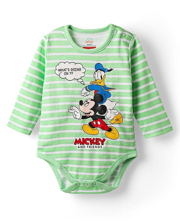 Babyhug Disney Interlock Knit Full Sleeves Onesies with Mickey Mouse Graphics Pack of 3 - White Blue & Green