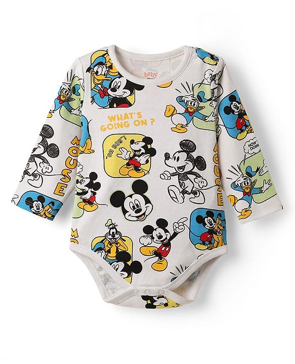 Babyhug Disney Interlock Knit Full Sleeves Onesies with Mickey Mouse Graphics Pack of 3 - White Blue & Green