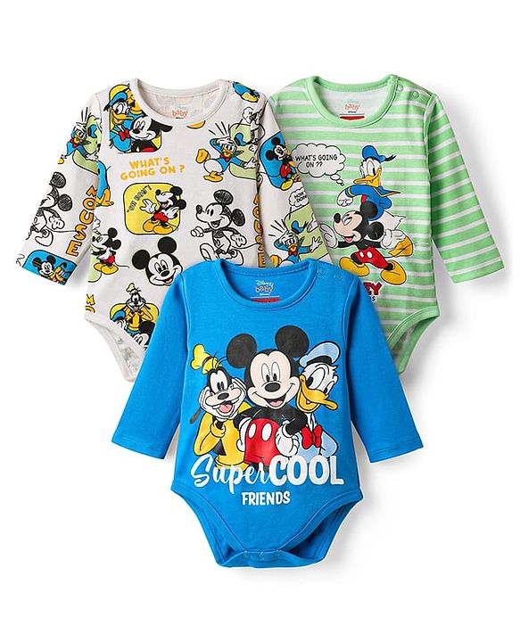 Babyhug Disney Interlock Knit Full Sleeves Onesies with Mickey Mouse Graphics Pack of 3 - White Blue & Green