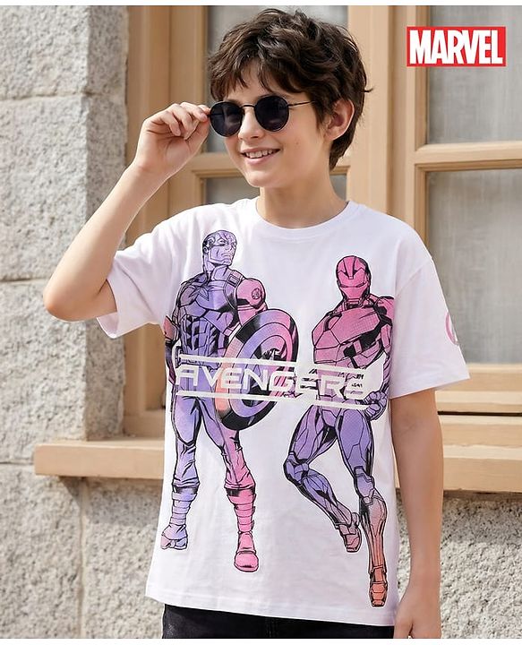 Pine Kids Marvel Single Jersey Knit Half Sleeves T-Shirt with Avengers Graphics - White