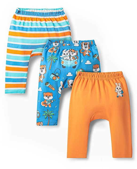 Babyhug Cotton Knit Full Length Diaper Leggings With Stripes & Animal Print Pack Of 3 - Orange Blue & Light Blue
