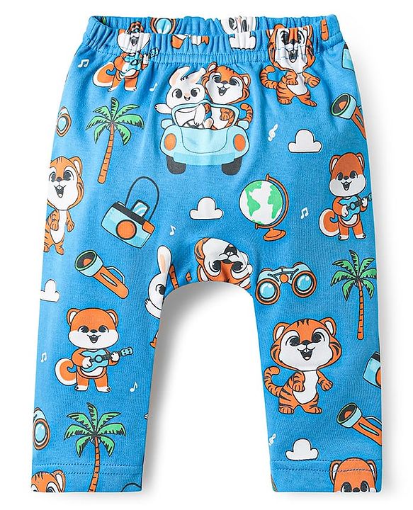 Babyhug Cotton Knit Full Length Diaper Leggings With Stripes & Animal Print Pack Of 3 - Orange Blue & Light Blue