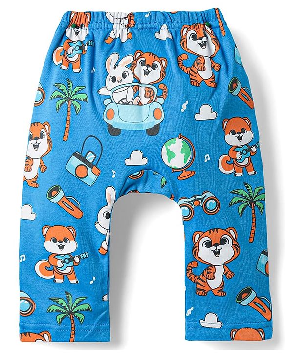 Babyhug Cotton Knit Full Length Diaper Leggings With Stripes & Animal Print Pack Of 3 - Orange Blue & Light Blue